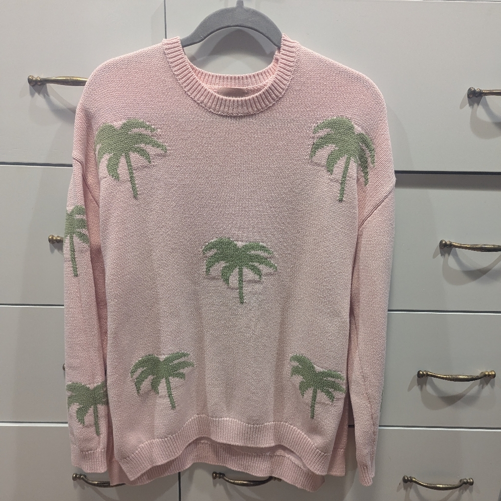 Palm Tree Pattern Pink Sweater - Picture 2 of 7